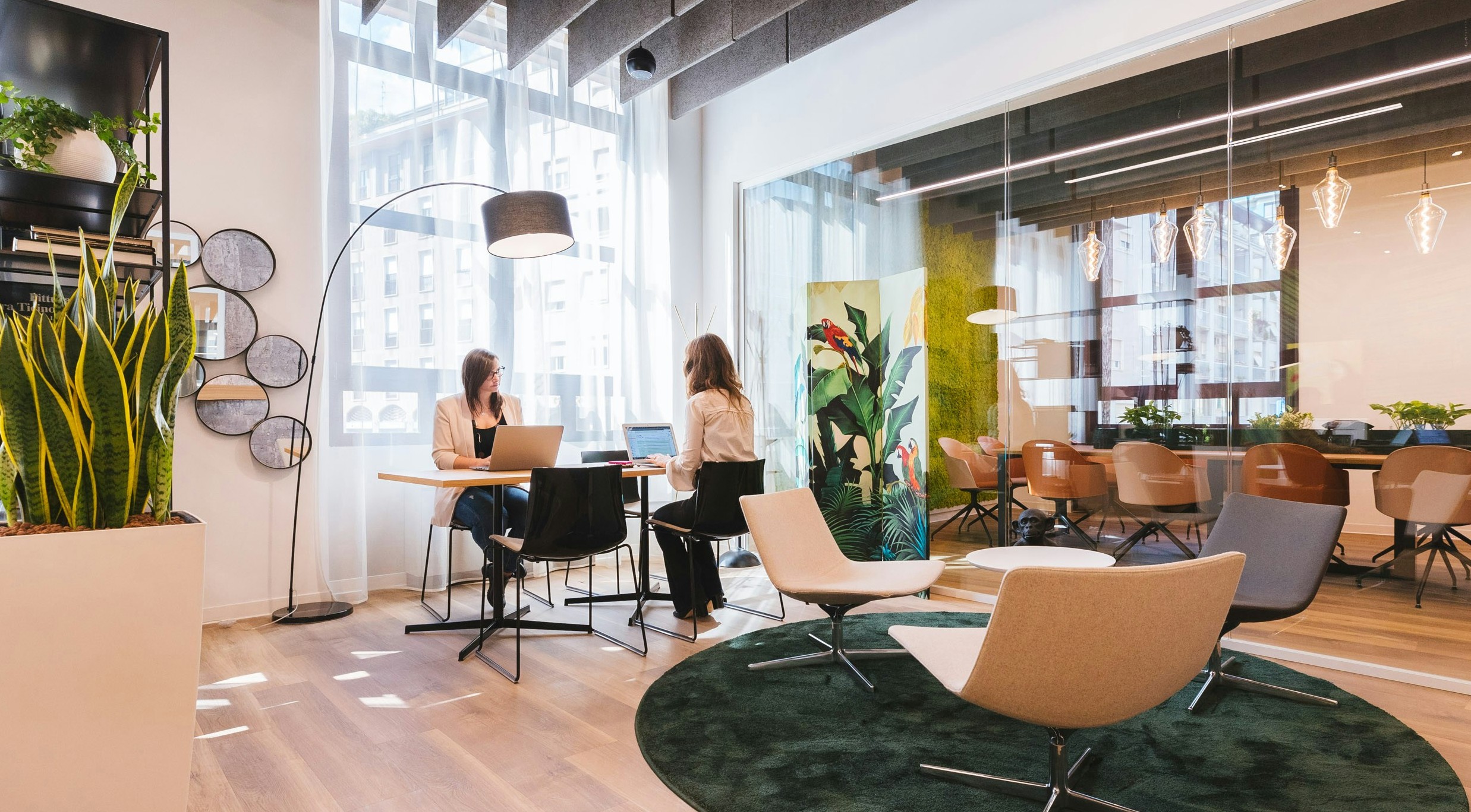 Two women sit with laptops at a table in a bright office with plants, lounge chairs and a glass-walled meeting room.